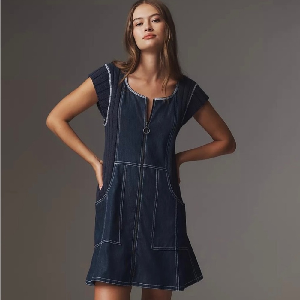 NWT Anthropologie Pilcro Cap-Sleeve Denim Swing Mini Dress $150 XSmall  Blue